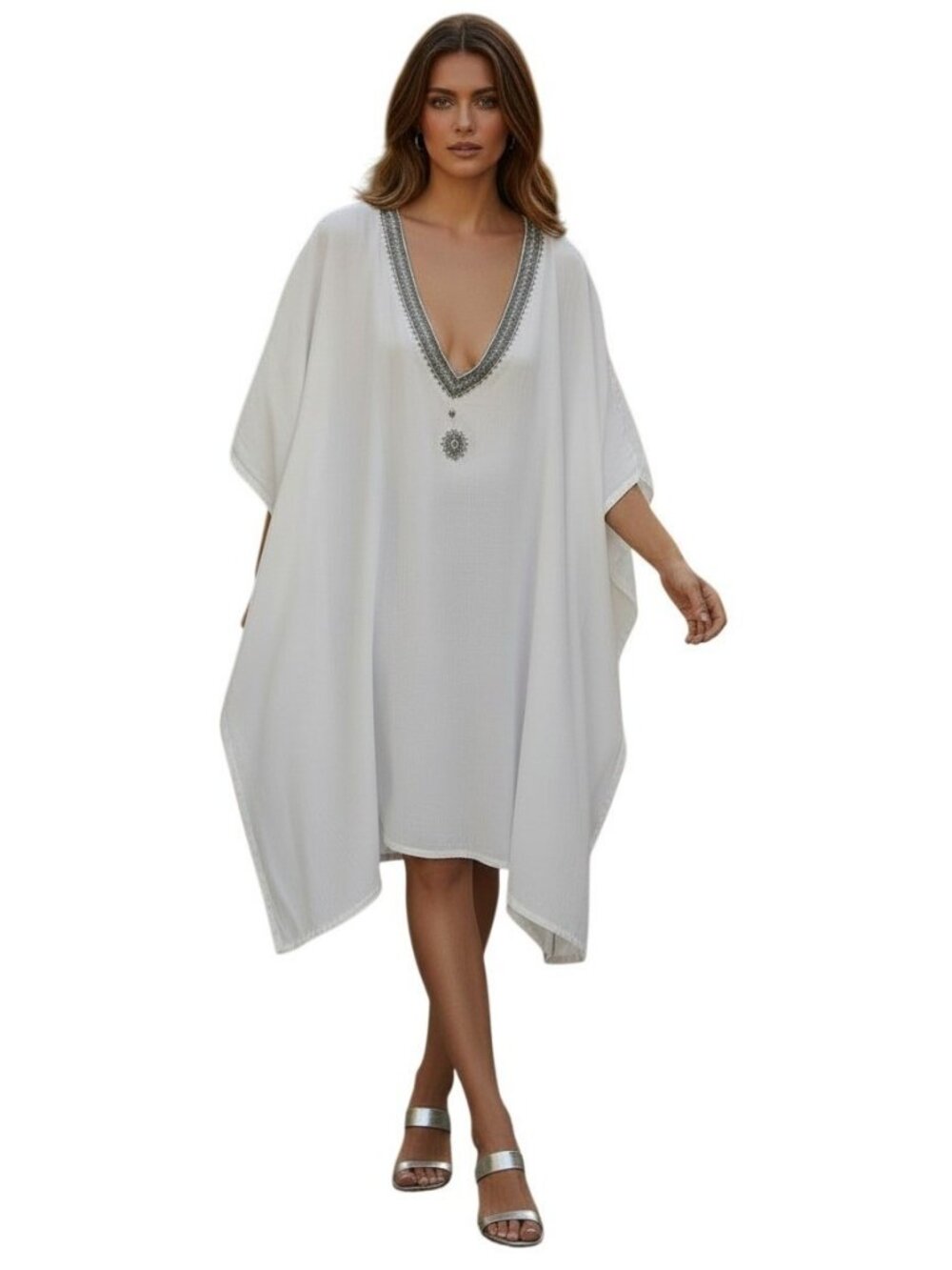 Rhea White 100% Cotton Bead Embroidered Kaftan Tunic OS Oversized‎ V-Neck Resort